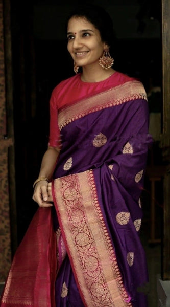 Mayawye Women's Soft Litchi Silk Jacquard Work Saree With Unstitched Blouse 5.5Mtr (Purple)