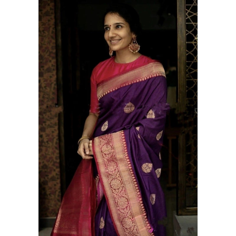 Mayawye Women's Soft Litchi Silk Jacquard Work Saree With Unstitched Blouse 5.5Mtr (Purple)