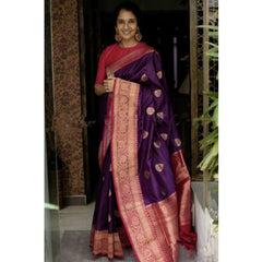 Mayawye Women's Soft Litchi Silk Jacquard Work Saree With Unstitched Blouse 5.5Mtr (Purple)