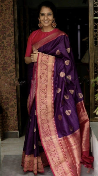 Mayawye Women's Soft Litchi Silk Jacquard Work Saree With Unstitched Blouse 5.5Mtr (Purple)