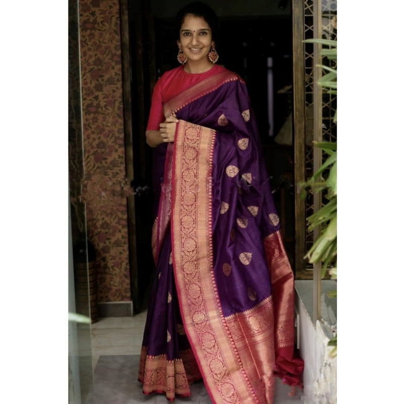 Mayawye Women's Soft Litchi Silk Jacquard Work Saree With Unstitched Blouse 5.5Mtr (Purple)