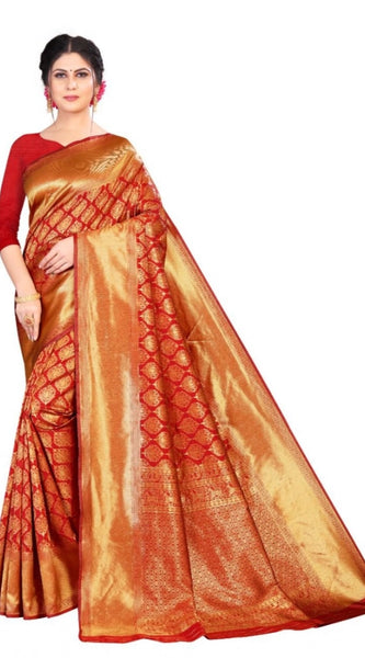 Mayawye Women's Soft Litchi Silk Jacquard Work Saree With Unstitched Blouse 5.5Mtr (Red)