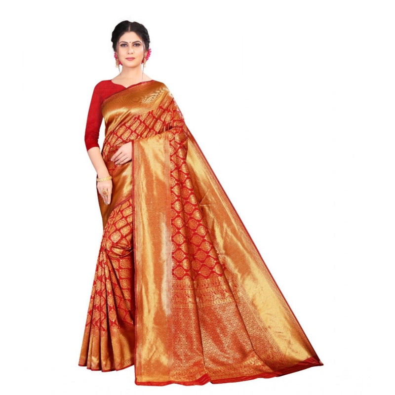 Mayawye Women's Soft Litchi Silk Jacquard Work Saree With Unstitched Blouse 5.5Mtr (Red)