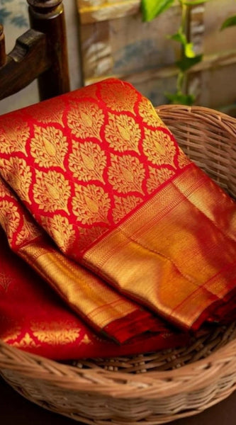 Mayawye Women's Soft Litchi Silk Jacquard Work Saree With Unstitched Blouse 5.5Mtr (Red)