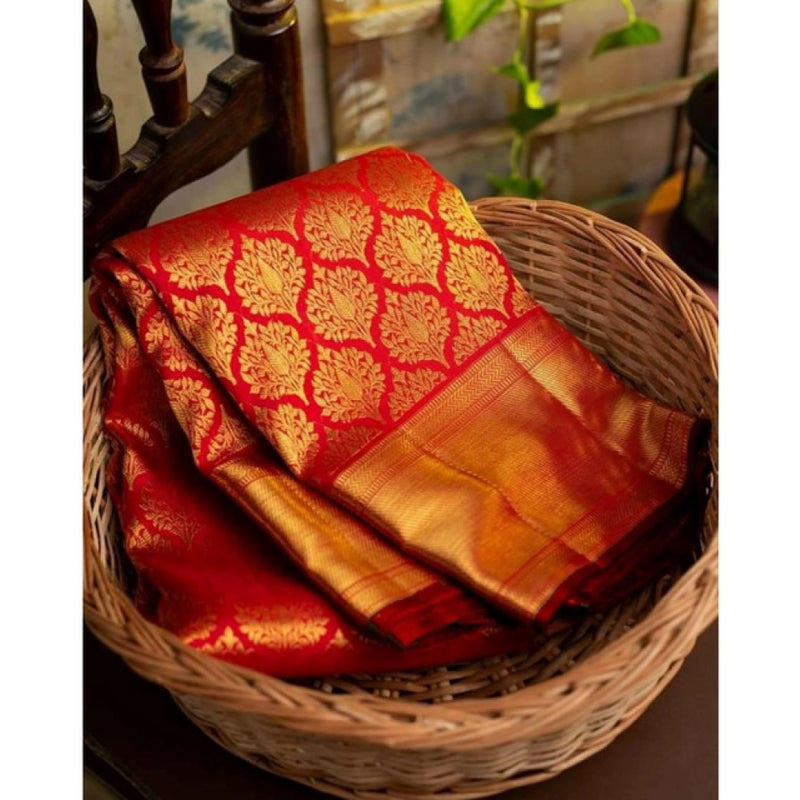 Mayawye Women's Soft Litchi Silk Jacquard Work Saree With Unstitched Blouse 5.5Mtr (Red)