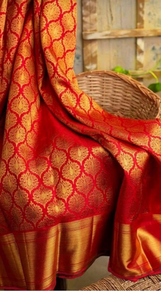 Mayawye Women's Soft Litchi Silk Jacquard Work Saree With Unstitched Blouse 5.5Mtr (Red)