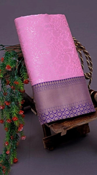 Mayawye Women's Soft Litchi Silk Jacquard Work Saree With Unstitched Blouse 5.5Mtr (Pink)
