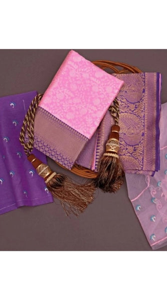 Mayawye Women's Soft Litchi Silk Jacquard Work Saree With Unstitched Blouse 5.5Mtr (Pink)