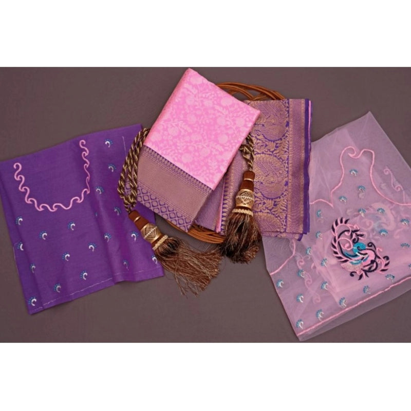 Mayawye Women's Soft Litchi Silk Jacquard Work Saree With Unstitched Blouse 5.5Mtr (Pink)