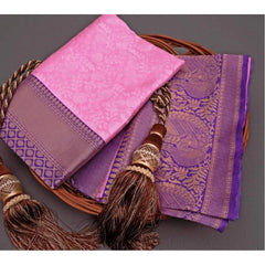 Mayawye Women's Soft Litchi Silk Jacquard Work Saree With Unstitched Blouse 5.5Mtr (Pink)