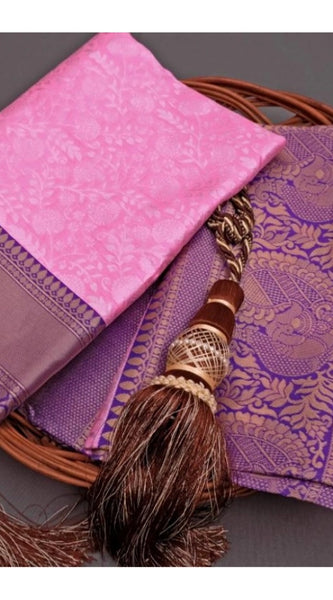 Mayawye Women's Soft Litchi Silk Jacquard Work Saree With Unstitched Blouse 5.5Mtr (Pink)