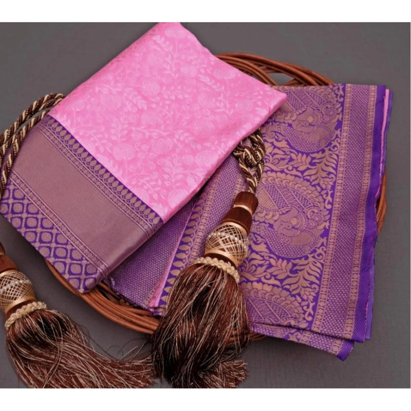 Mayawye Women's Soft Litchi Silk Jacquard Work Saree With Unstitched Blouse 5.5Mtr (Pink)