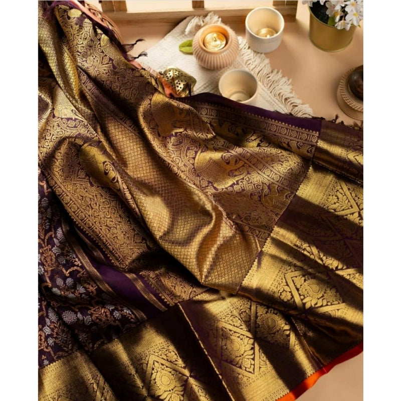 Mayawye Women's Soft Litchi Silk Jacquard Work Saree With Unstitched Blouse 5.5Mtr (Purple)
