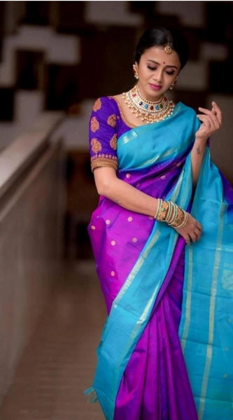 Mayawye Women's Soft Litchi Silk Jacquard Work Saree With Unstitched Blouse 5.5Mtr (Purple)