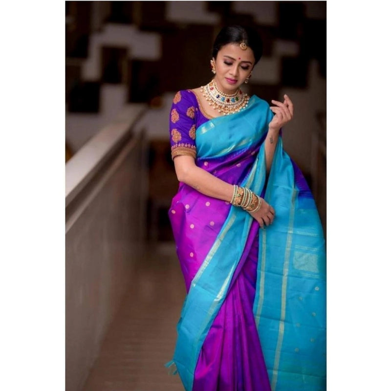 Mayawye Women's Soft Litchi Silk Jacquard Work Saree With Unstitched Blouse 5.5Mtr (Purple)