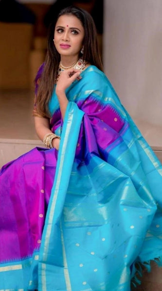 Mayawye Women's Soft Litchi Silk Jacquard Work Saree With Unstitched Blouse 5.5Mtr (Purple)