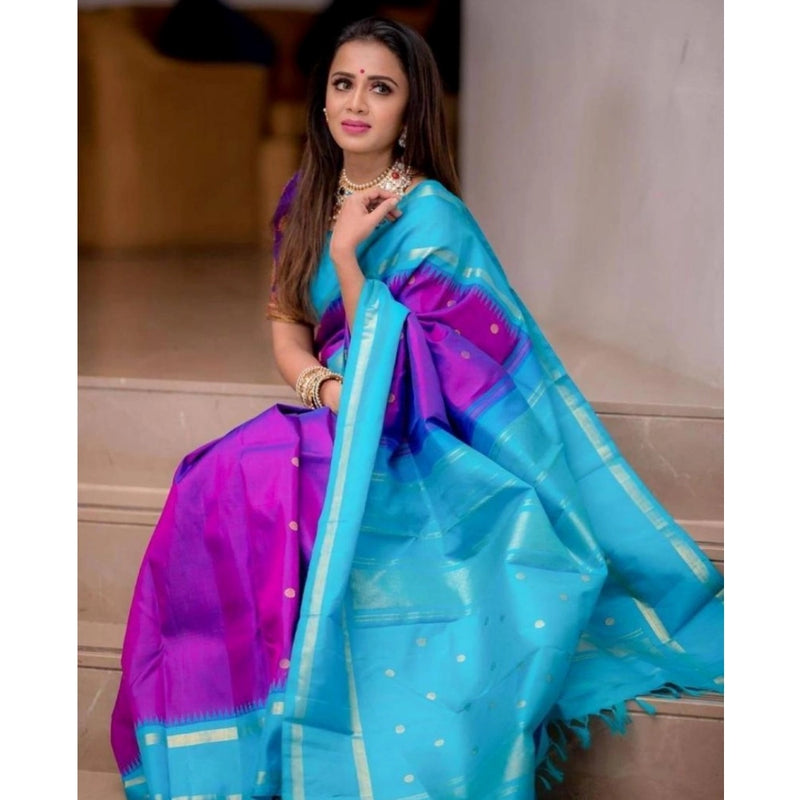 Mayawye Women's Soft Litchi Silk Jacquard Work Saree With Unstitched Blouse 5.5Mtr (Purple)