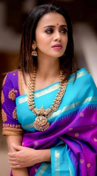 Mayawye Women's Soft Litchi Silk Jacquard Work Saree With Unstitched Blouse 5.5Mtr (Purple)