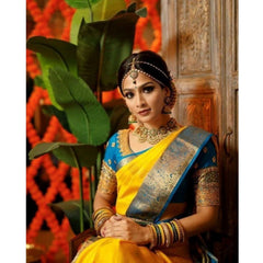 Mayawye Women's Soft Litchi Silk Jacquard Work Saree With Unstitched Blouse 5.5Mtr (Yellow)