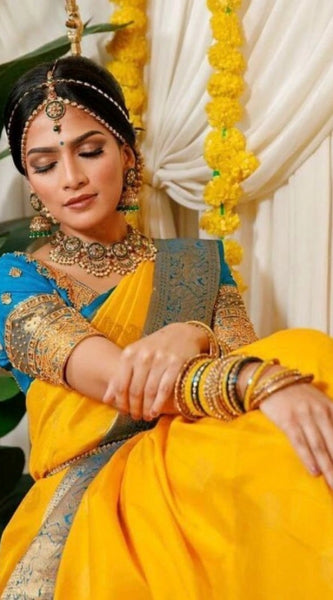 Mayawye Women's Soft Litchi Silk Jacquard Work Saree With Unstitched Blouse 5.5Mtr (Yellow)