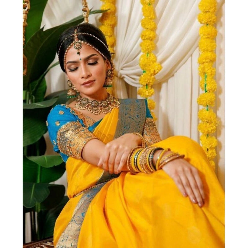Mayawye Women's Soft Litchi Silk Jacquard Work Saree With Unstitched Blouse 5.5Mtr (Yellow)