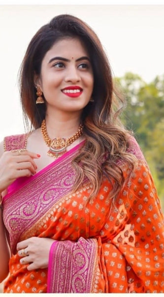 Mayawye Women's Soft Litchi Silk Jacquard Work Saree With Unstitched Blouse 5.5Mtr (Orange)