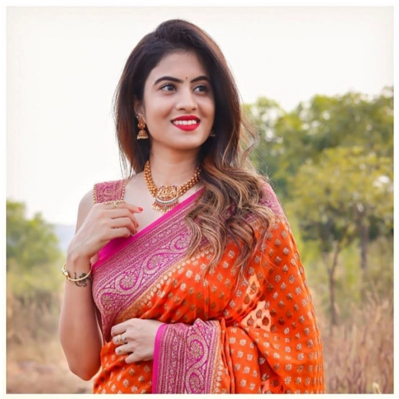 Mayawye Women's Soft Litchi Silk Jacquard Work Saree With Unstitched Blouse 5.5Mtr (Orange)