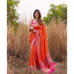 Mayawye Women's Soft Litchi Silk Jacquard Work Saree With Unstitched Blouse 5.5Mtr (Orange)