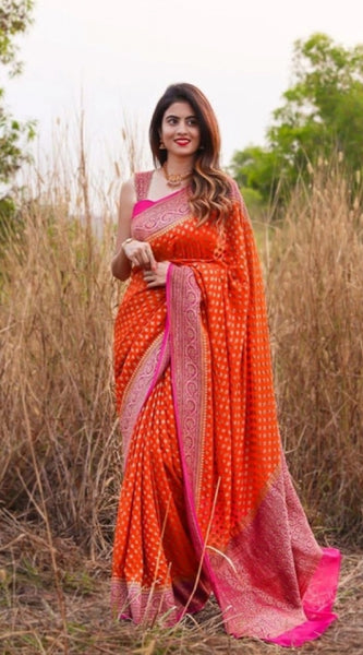 Mayawye Women's Soft Litchi Silk Jacquard Work Saree With Unstitched Blouse 5.5Mtr (Orange)