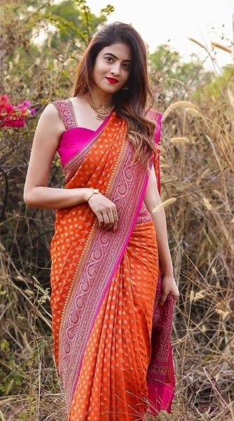 Mayawye Women's Soft Litchi Silk Jacquard Work Saree With Unstitched Blouse 5.5Mtr (Orange)