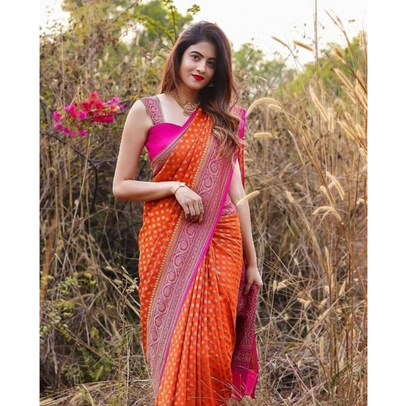 Mayawye Women's Soft Litchi Silk Jacquard Work Saree With Unstitched Blouse 5.5Mtr (Orange)