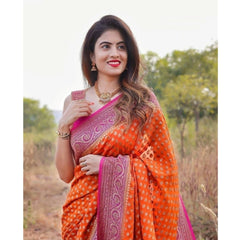 Mayawye Women's Soft Litchi Silk Jacquard Work Saree With Unstitched Blouse 5.5Mtr (Orange)