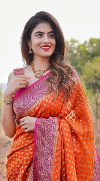Mayawye Women's Soft Litchi Silk Jacquard Work Saree With Unstitched Blouse 5.5Mtr (Orange)