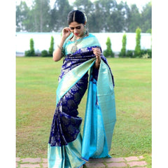 Mayawye Women's Soft Litchi Silk Jacquard Work Saree With Unstitched Blouse 5.5Mtr (Blue)