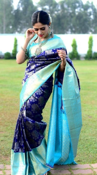 Mayawye Women's Soft Litchi Silk Jacquard Work Saree With Unstitched Blouse 5.5Mtr (Blue)