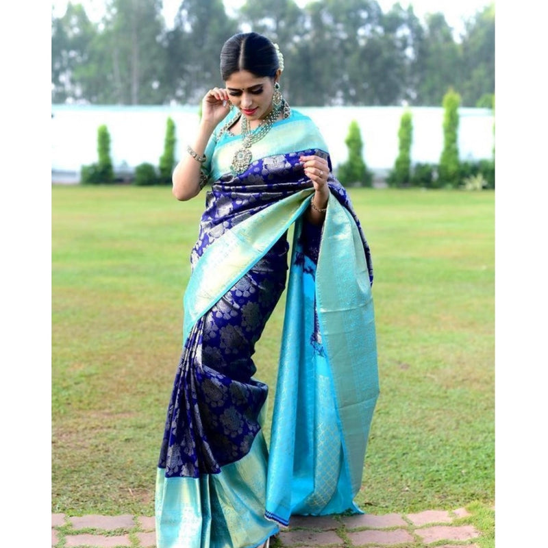 Mayawye Women's Soft Litchi Silk Jacquard Work Saree With Unstitched Blouse 5.5Mtr (Blue)