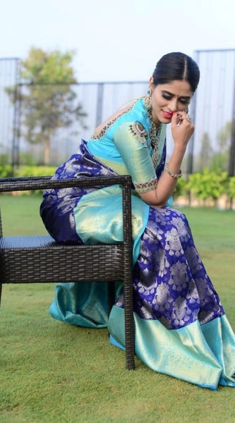 Mayawye Women's Soft Litchi Silk Jacquard Work Saree With Unstitched Blouse 5.5Mtr (Blue)