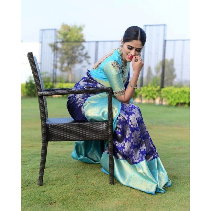 Mayawye Women's Soft Litchi Silk Jacquard Work Saree With Unstitched Blouse 5.5Mtr (Blue)