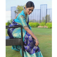 Mayawye Women's Soft Litchi Silk Jacquard Work Saree With Unstitched Blouse 5.5Mtr (Blue)