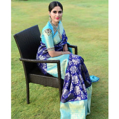 Mayawye Women's Soft Litchi Silk Jacquard Work Saree With Unstitched Blouse 5.5Mtr (Blue)