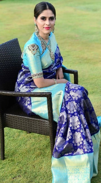 Mayawye Women's Soft Litchi Silk Jacquard Work Saree With Unstitched Blouse 5.5Mtr (Blue)