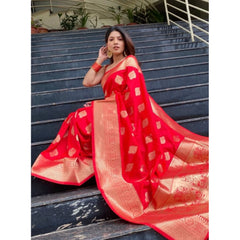 Mayawye Women's Soft Litchi Silk Jacquard Work Saree With Unstitched Blouse 5.5Mtr (Red)
