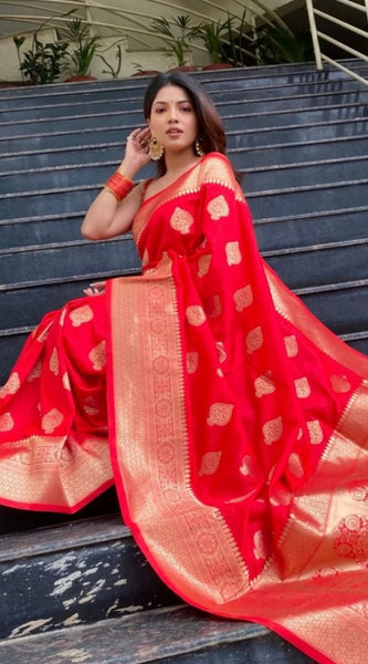 Mayawye Women's Soft Litchi Silk Jacquard Work Saree With Unstitched Blouse 5.5Mtr (Red)