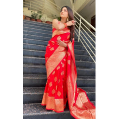Mayawye Women's Soft Litchi Silk Jacquard Work Saree With Unstitched Blouse 5.5Mtr (Red)