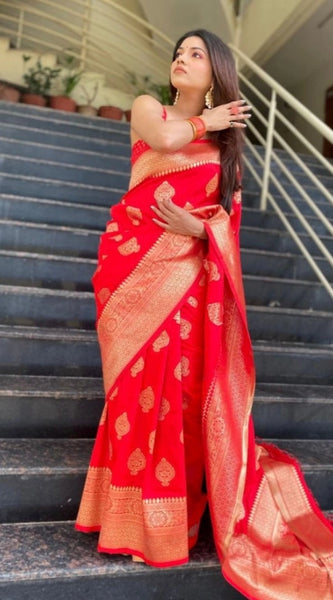 Mayawye Women's Soft Litchi Silk Jacquard Work Saree With Unstitched Blouse 5.5Mtr (Red)