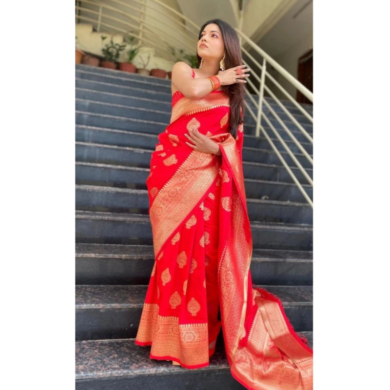 Mayawye Women's Soft Litchi Silk Jacquard Work Saree With Unstitched Blouse 5.5Mtr (Red)