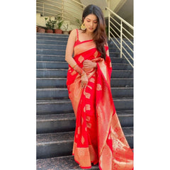 Mayawye Women's Soft Litchi Silk Jacquard Work Saree With Unstitched Blouse 5.5Mtr (Red)