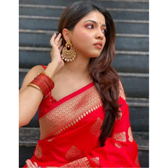 Mayawye Women's Soft Litchi Silk Jacquard Work Saree With Unstitched Blouse 5.5Mtr (Red)