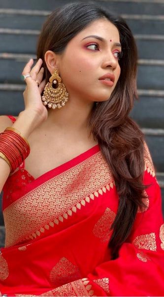 Mayawye Women's Soft Litchi Silk Jacquard Work Saree With Unstitched Blouse 5.5Mtr (Red)