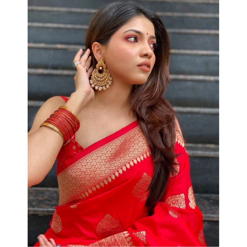 Mayawye Women's Soft Litchi Silk Jacquard Work Saree With Unstitched Blouse 5.5Mtr (Red)